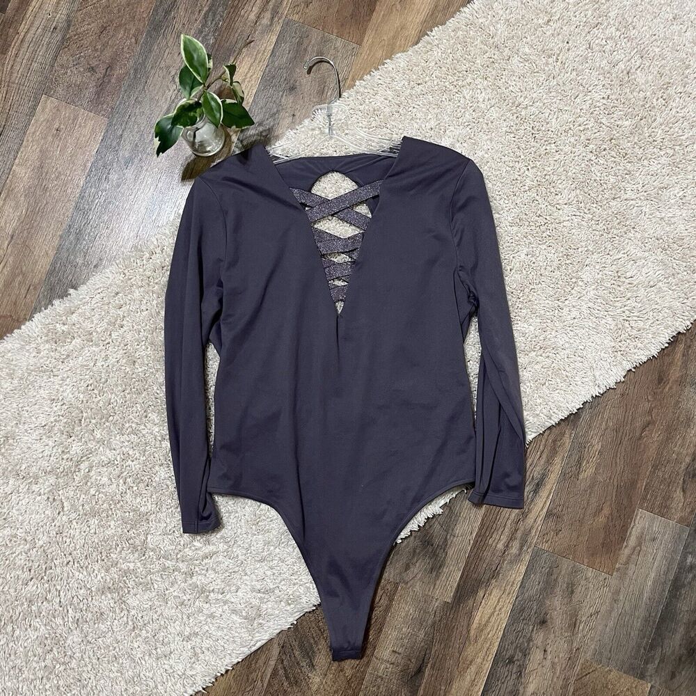 Victoria's Secret Sport Large Gray Purple Shimmer Strappy Thong Bodysuit NWT